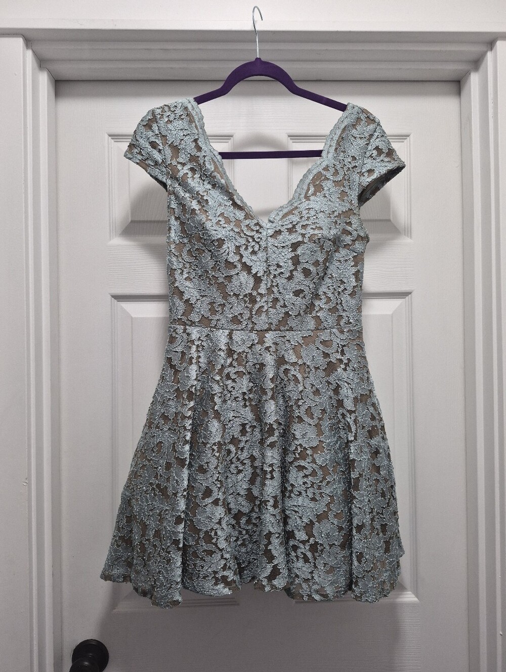 Women's Lace Overlay V-Neck Dress in Light Blue Y2k City Triangles